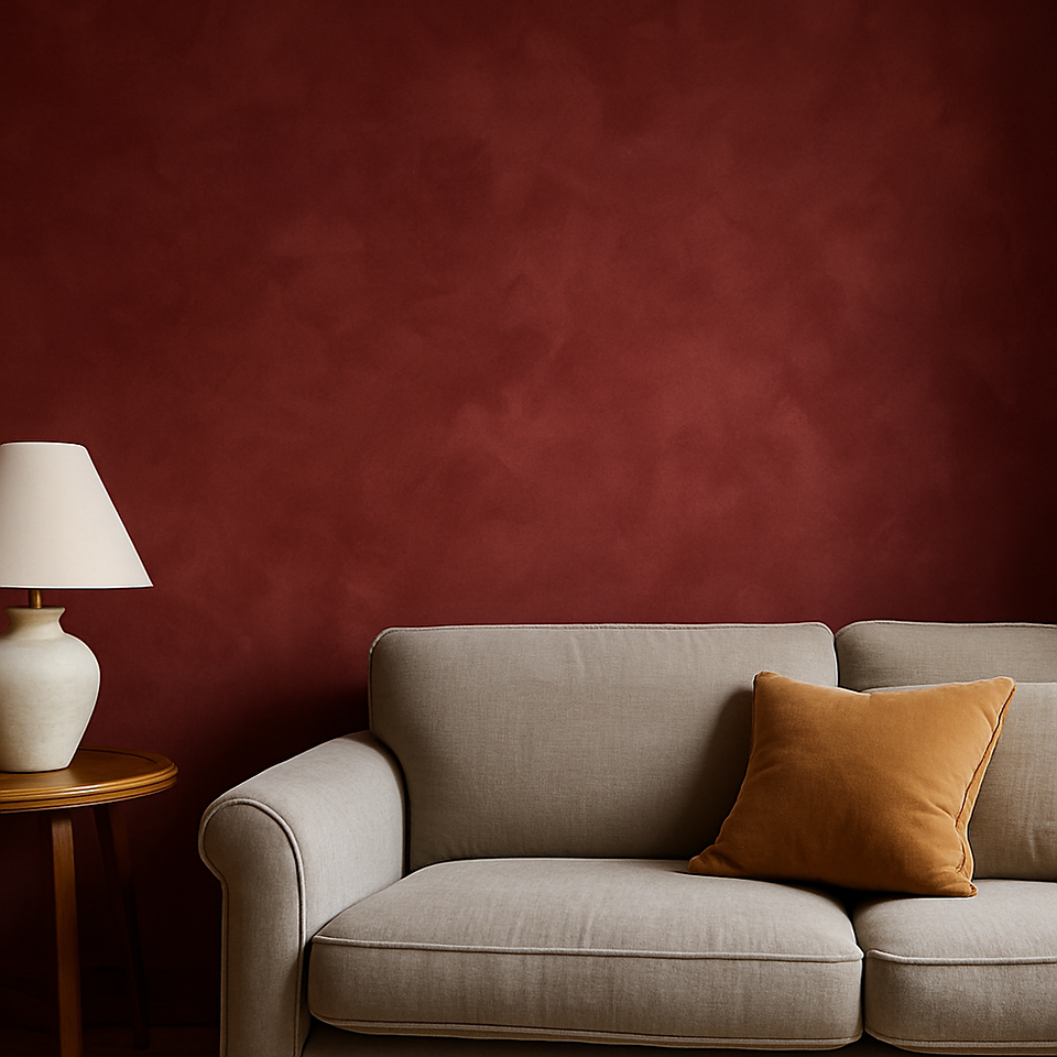 Weinrote Lime Wash Technik an einer Wand vor einem Sofa und einer Lampe