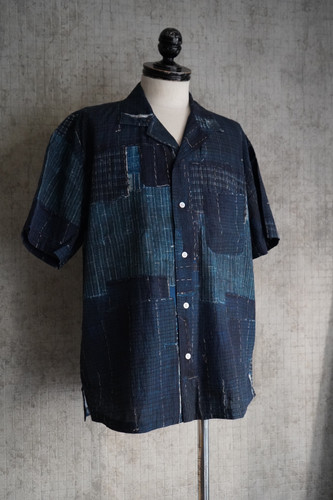 トップス KUON Boro Printed Camp Collar Shirt NAVY Boro Printed