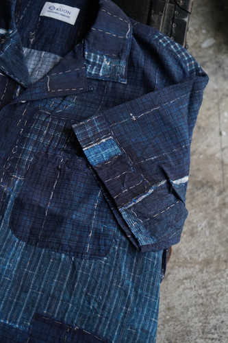 24SS】KUON Boro Printed Camp Collar Shirt - Navy | NOUVERTEmagazine