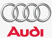 Audi logo with four rings and red Audi text underneath