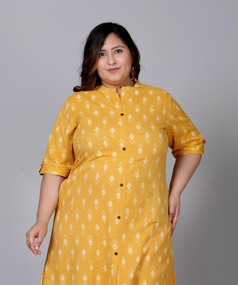 Thumbnail: Women's Plus Size Cotton Printed Straight Kurta Palazzo Set, Yellow