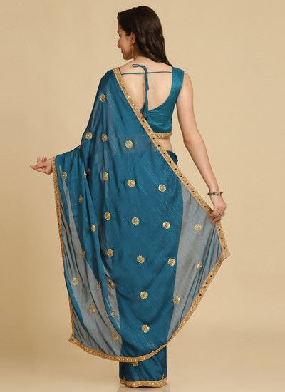 Thumbnail: Women's Georgette Sequined Mirror Work Saree, Blue