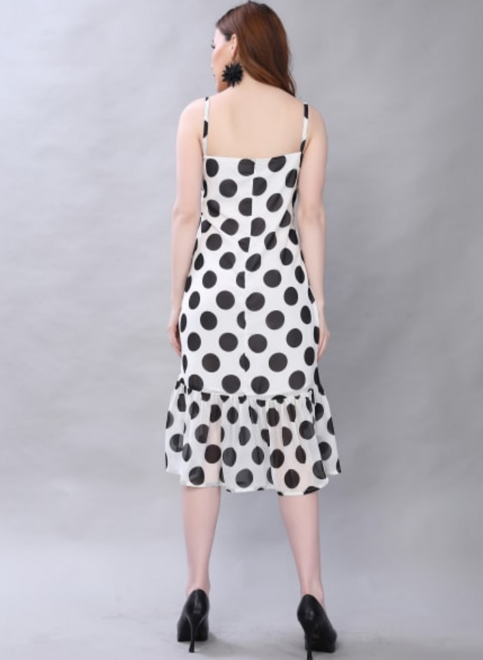 Thumbnail: Women's Crepe Polka Printed Midi Dress, White