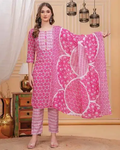 Thumbnail: Women's Cotton Printed Kurta Set with Dupatta, Pink