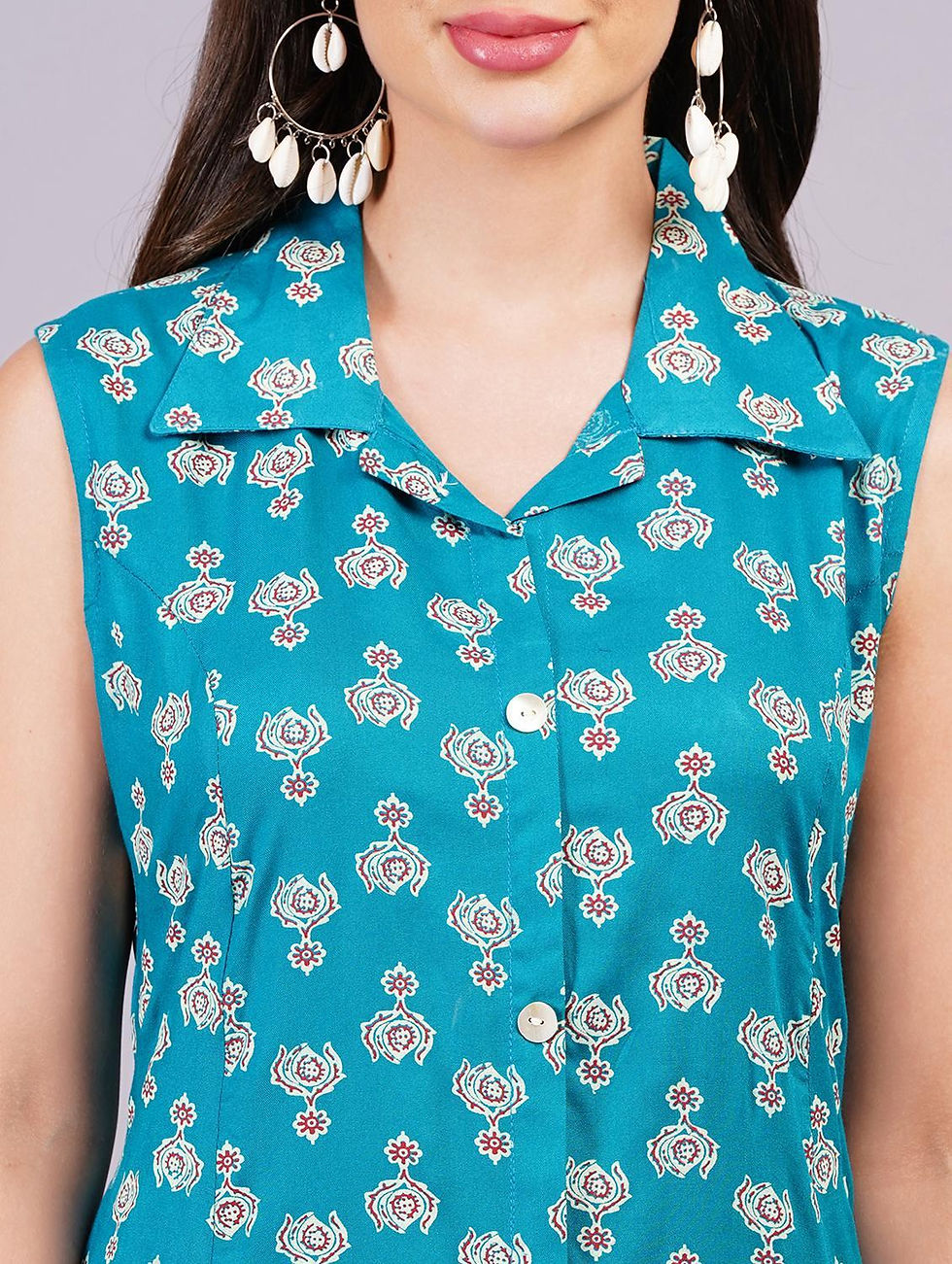 Thumbnail: Women's Cotton Printed A Line Sleeveless Dress, Blue