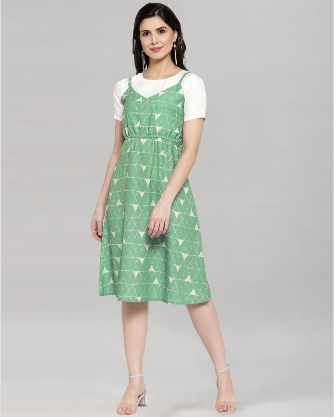 Women's Poly Cotton Printed A-Line Dress, Green