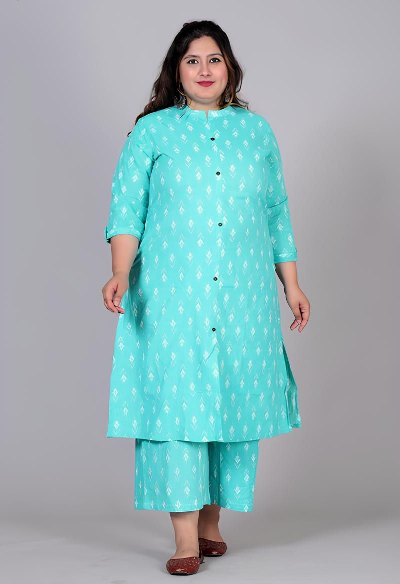 Thumbnail: Women's Plus Size Cotton Printed Straight Kurta Palazzo Set, Blue