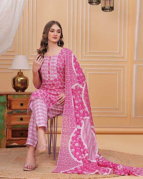 Thumbnail: Women's Cotton Printed Kurta Set with Dupatta, Pink