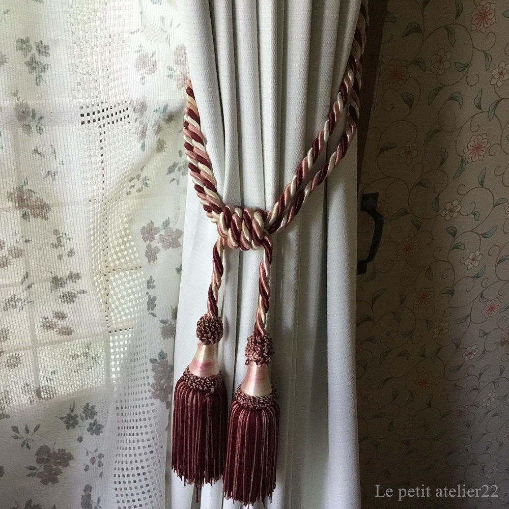 (2本セット)フランス アンティーク カーテン タッセル ワインレッド  60 cm タッセル 15 cm