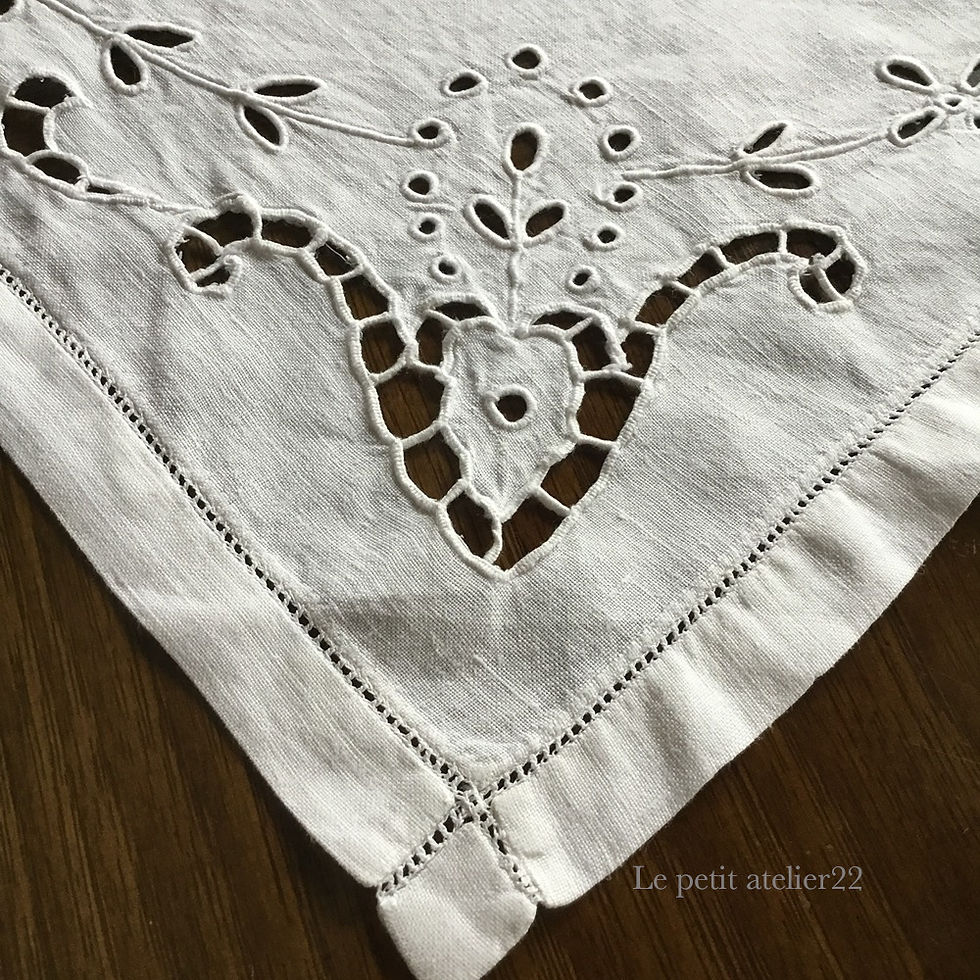 サムネイル： フランス アンティーク リネン テーブルセンター カットワーク 白 ホワイト 33 x 45.5 cm