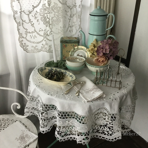 円形) フランス アンティーク リネン テーブルクロス ボビンレース