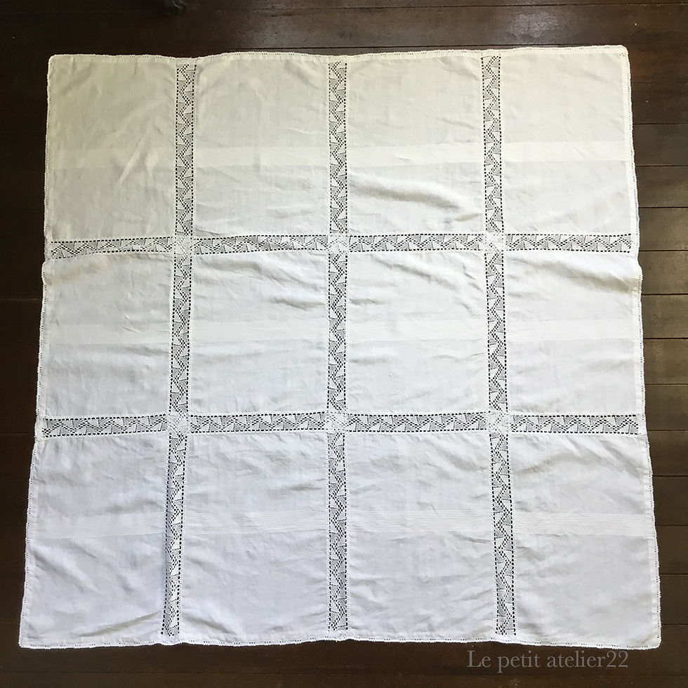 サムネイル： (正方形) フランス アンティーク リネン テーブルクロス レース 白 ホワイト 132 x 132 cm