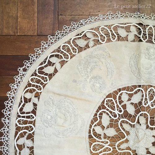 円形)フランス アンティーク リネン テーブルクロス カットワーク