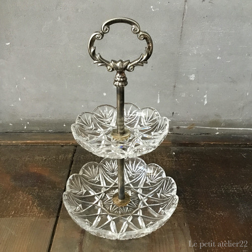 フランス アンティーク カットガラス ケーキスタンド 2段 22.5 cm