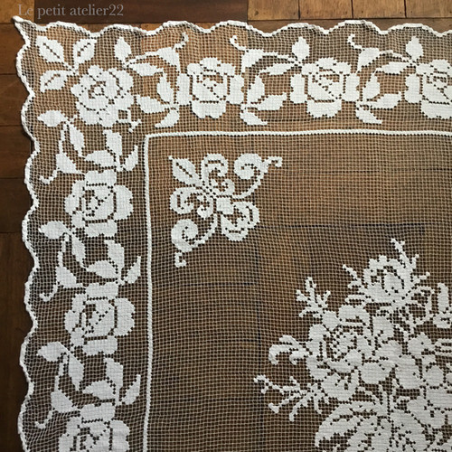 正方形) フランス アンティーク フィレレース テーブルクロス カーテン