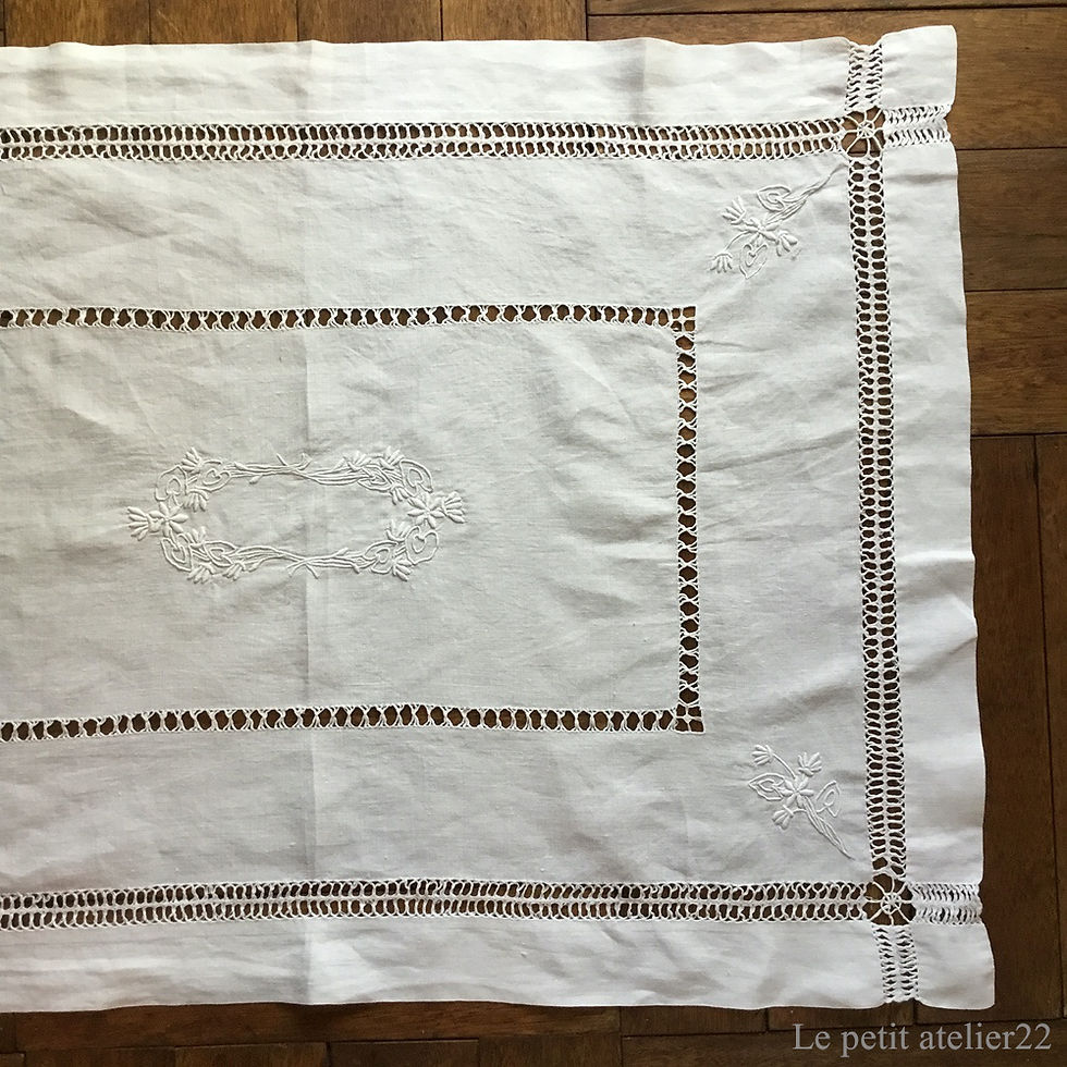 サムネイル： フランス アンティーク リネン テーブルセンター/テーブルクロス 白刺繍 ホワイトワーク ドロンワーク 65 x 92 cm