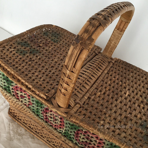 L)フランス アンティーク ローズ パニエ バスケット 籠 蓋付 36cm | Le