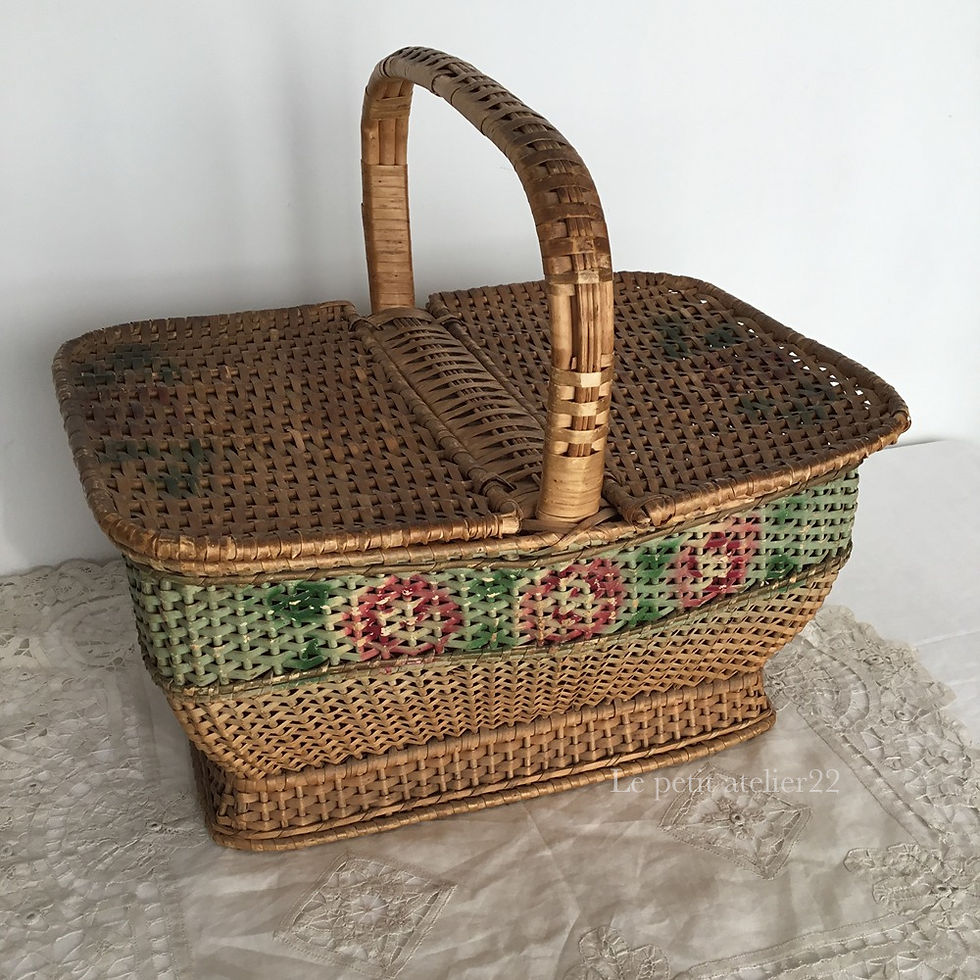 サムネイル： (L)フランス アンティーク ローズ パニエ バスケット 籠 蓋付 36cm