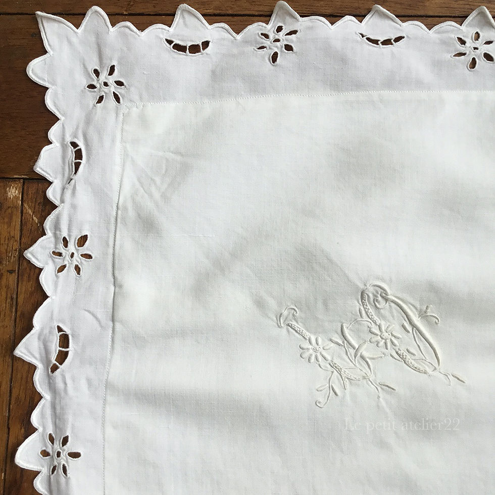 サムネイル： (大判) フランス アンティーク リネン クッションカバー/ピローケース モノグラム  LO リシュリュー刺繍 74 x 75 ホワイト 白