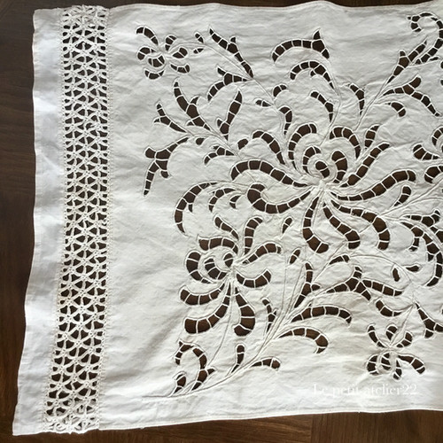 フランス アンティーク リネン ドイリー/テーブルセンター カット