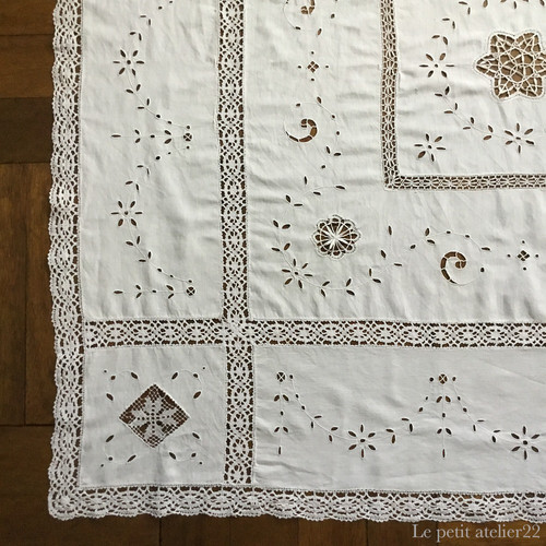 ほぼ正方形) フランス アンティーク リネン テーブルクロス カット