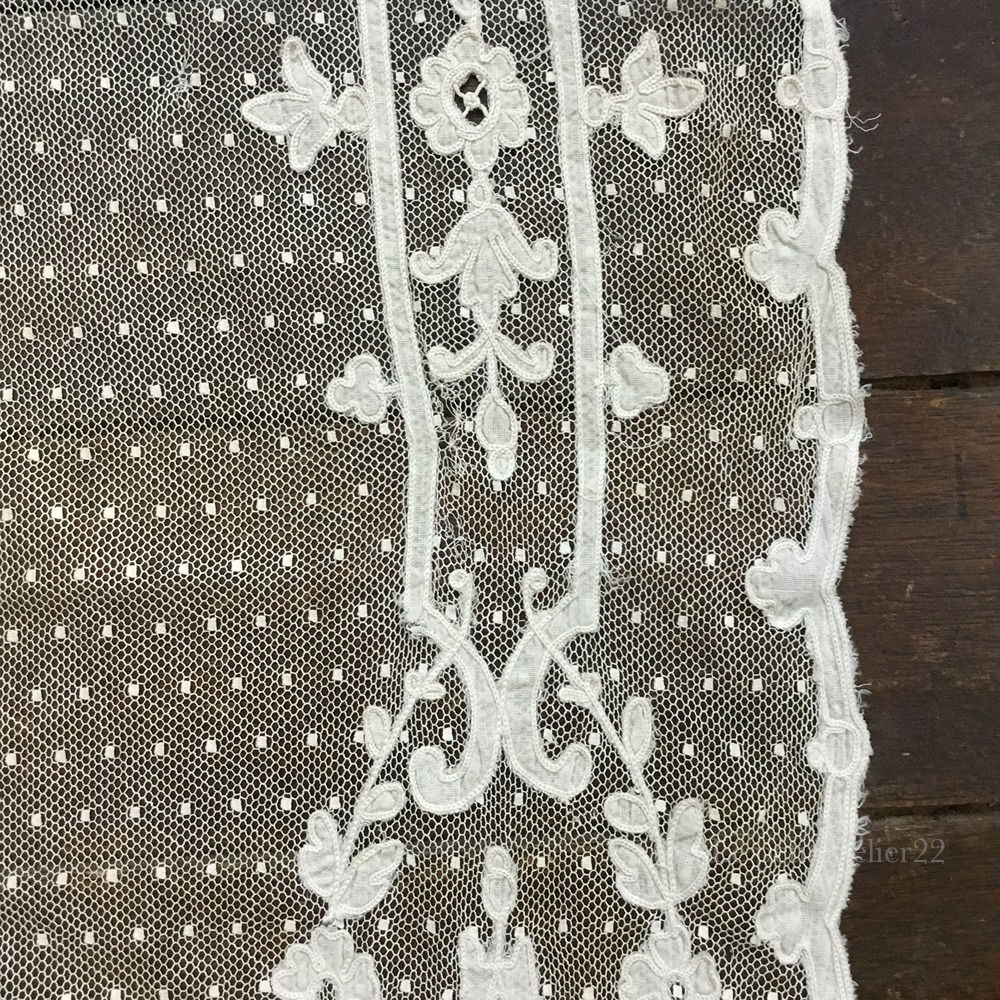 一枚)フランス アンティーク チュールレースカーテン 刺繍 エクリュ 50