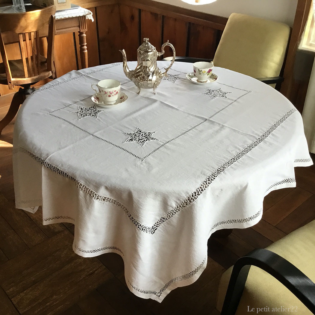 (長方形)フランス アンティーク リネン テーブルクロス ホワイト 白 133 x 154 cm