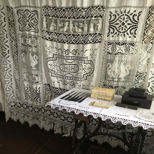 特大) フランス アンティーク リネン ベッドカバー / カーテン