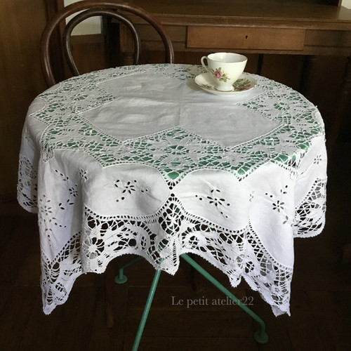 正方形) フランス アンティーク リネン テーブルクロス ボビンレース