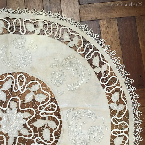 円形)フランス アンティーク リネン テーブルクロス カットワーク