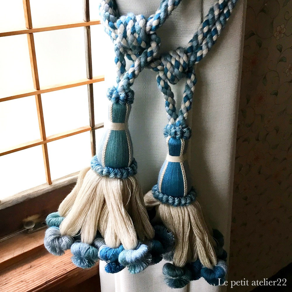 (2本セット)フランス カーテン タッセル ブルー x ブラウン 60 cm タッセル 17 cm