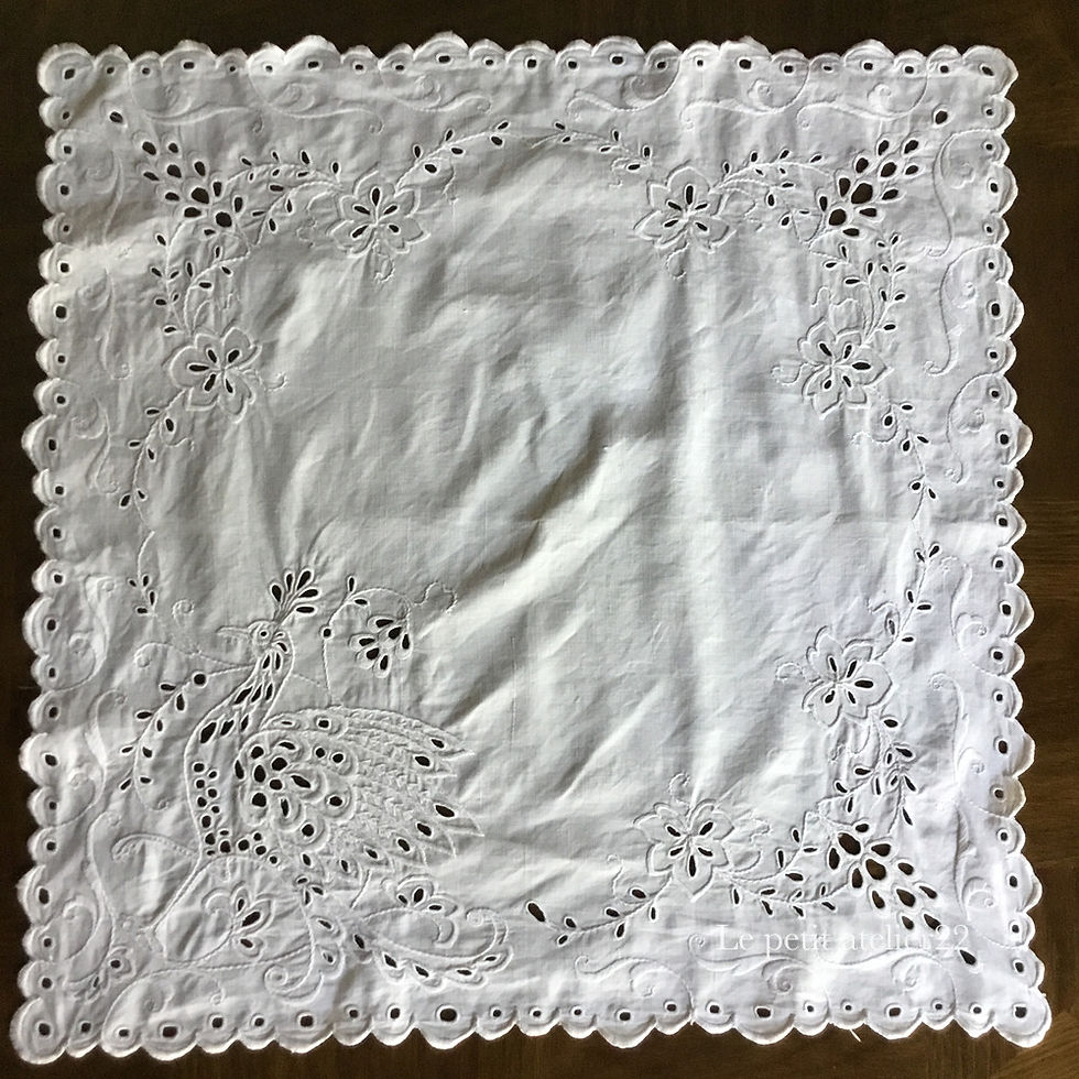 サムネイル： (正方形)フランス アンティーク リネン テーブルクロス カットワーク 白刺繍 ピーコック ホワイト スカラップ 63 x 63 cm