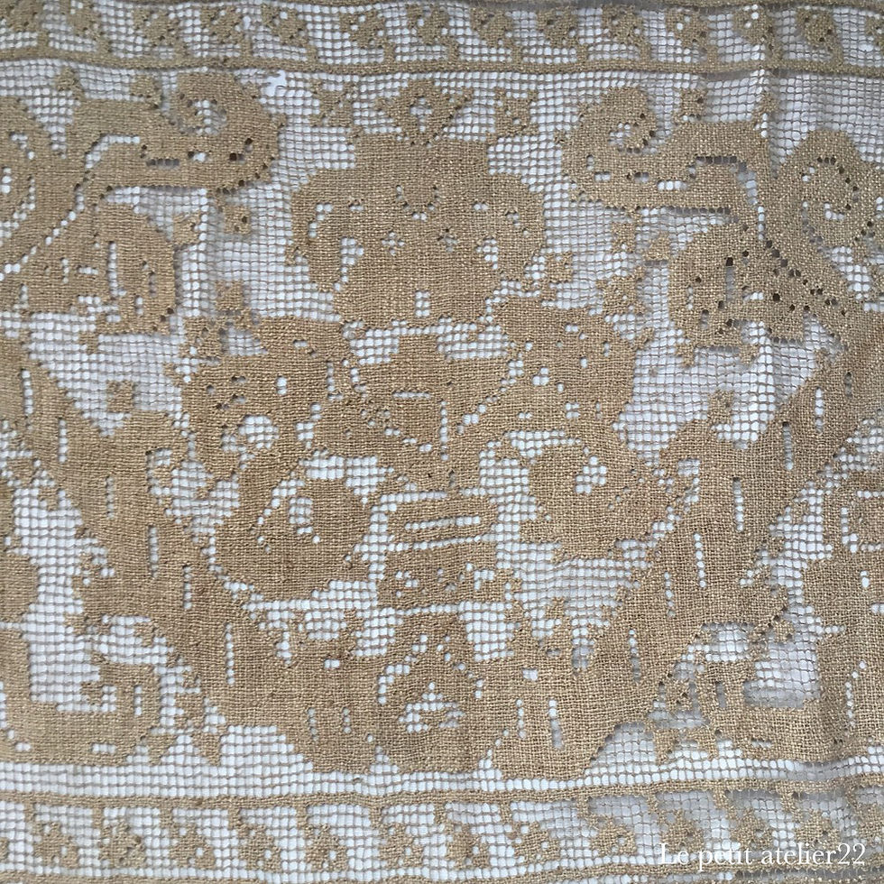 サムネイル： フランス アンティーク リネン クロシェ カーテン フリンジ ダークエクリュ 80  x 108 cm