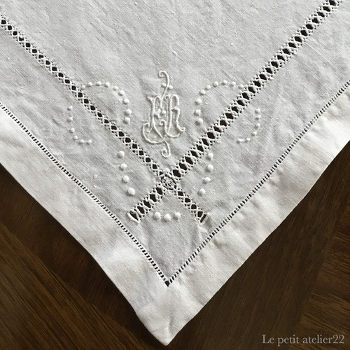 フランスアンティーク・ モノグラムシーツ/“RC”ドロンワーク/白糸刺繍 フランスアンティーク・ モノグラムシーツ/“RC”ドロンワーク