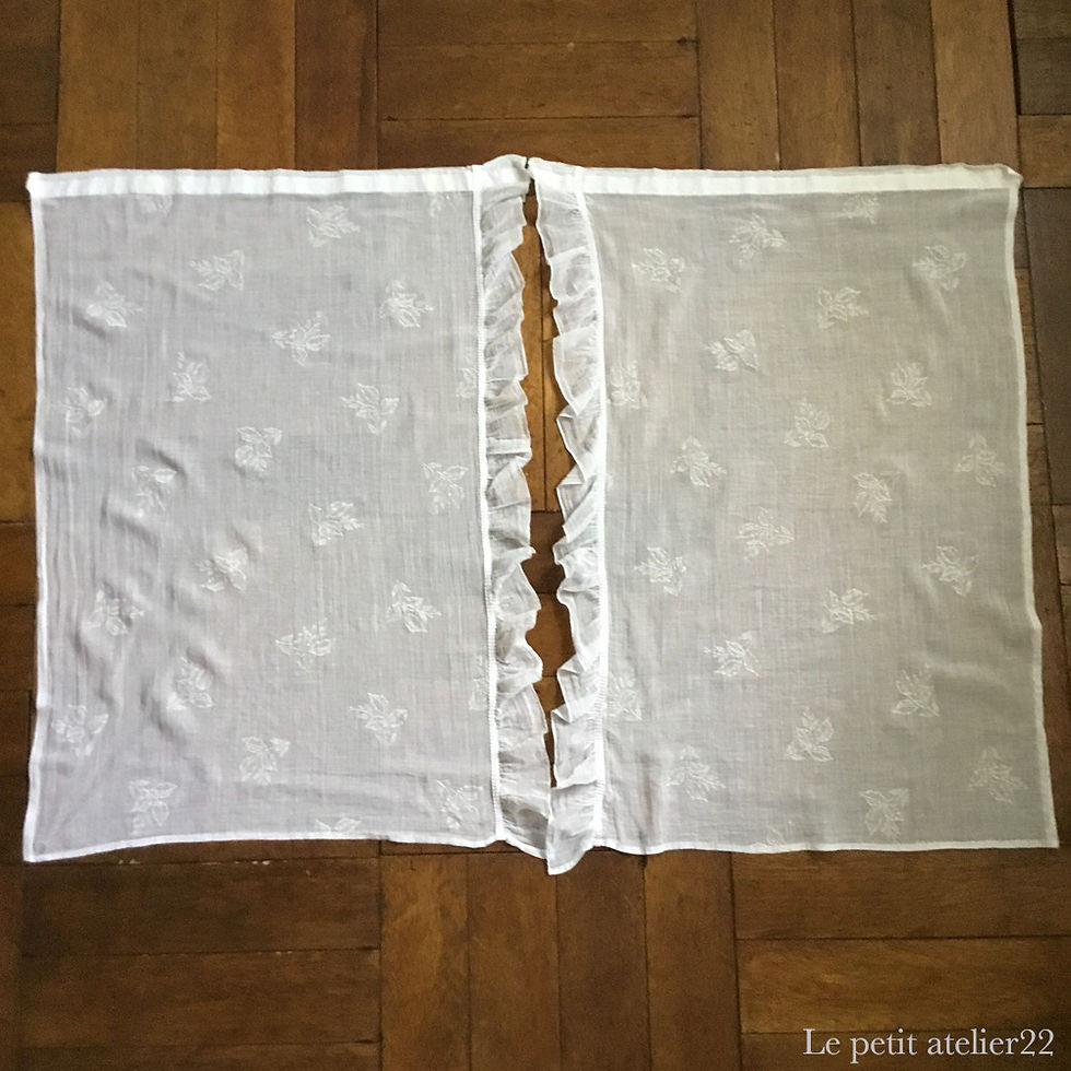 サムネイル： (2枚セット) フランス アンティーク コットン カーテン フリル ホワイト  57 x 81 cm