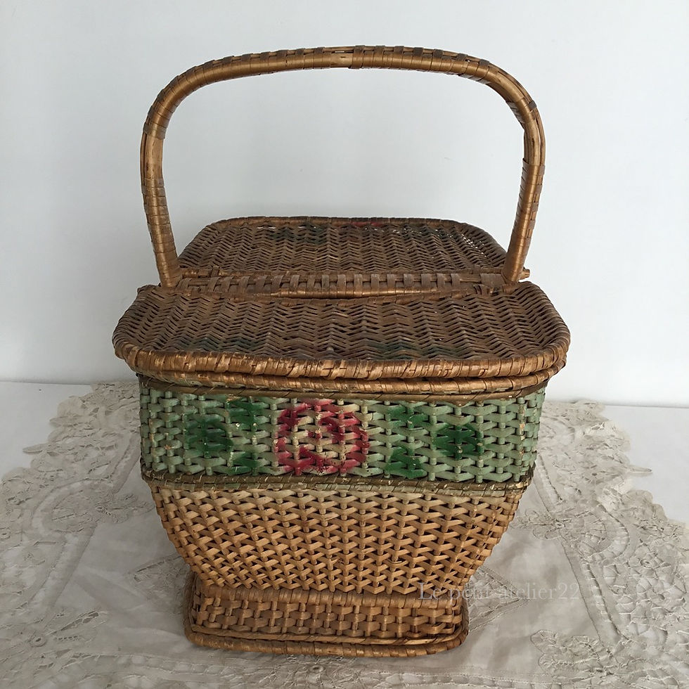 サムネイル： (L)フランス アンティーク ローズ パニエ バスケット 籠 蓋付 36cm