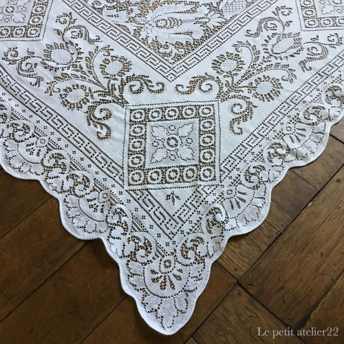 フランス アンティーク コットン レース カーテン スカラップ 白