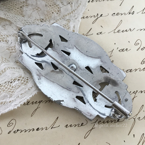 フランス アンティーク ブローチ シルバープレート ストーン 5.8 cm