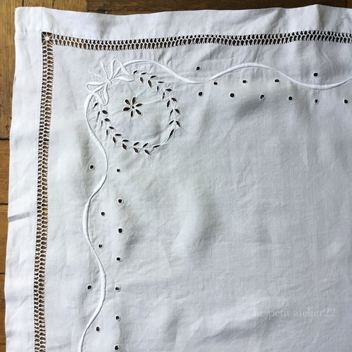 正方形) フランス アンティーク リネン テーブルクロス 白刺繍 カット