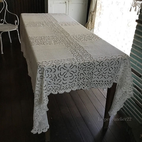 フランス アンティーク リシュリュー刺繍 ベッドカバー   リネン 特大) フランス アンティーク リネン カットワーク リシュリュー