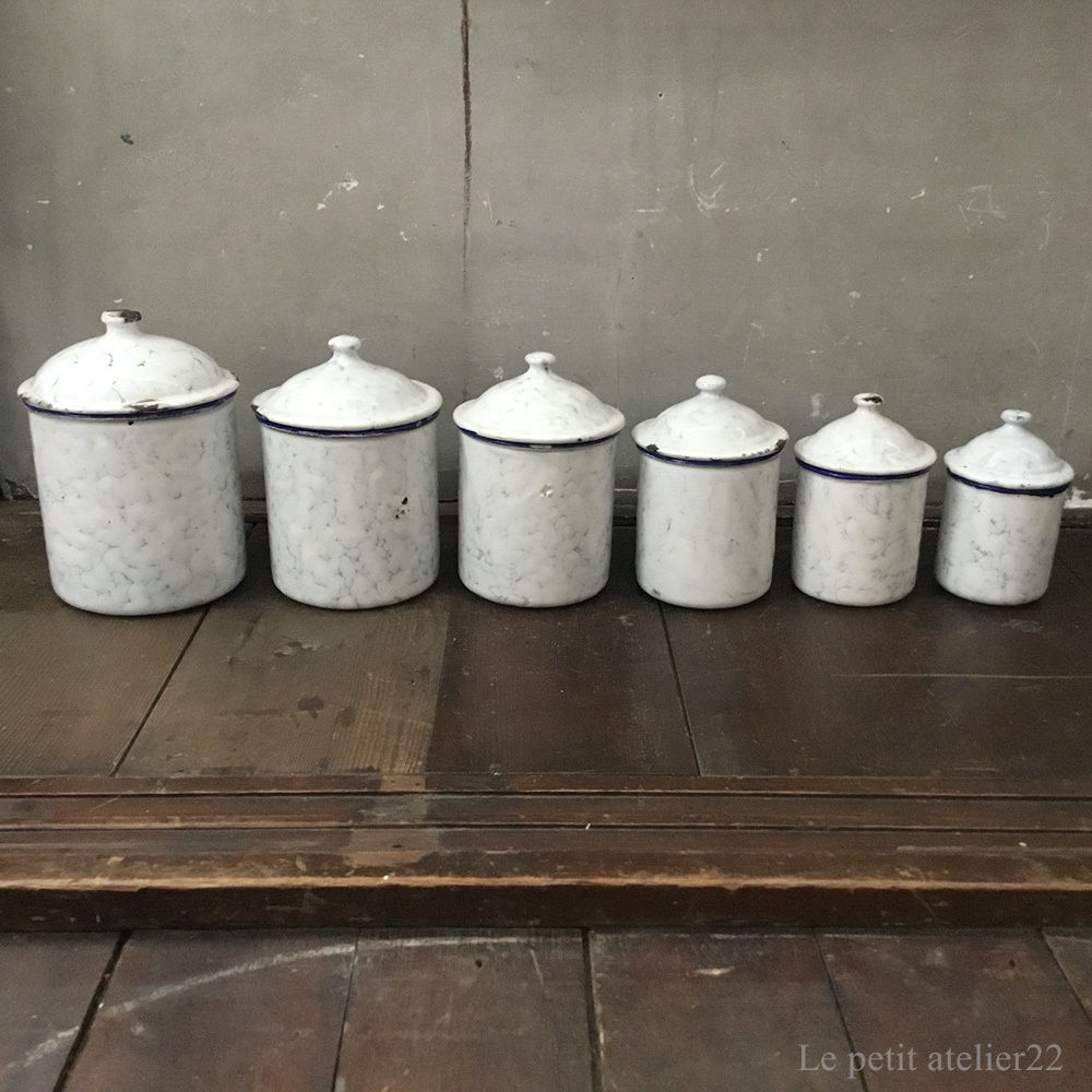 6個セット) フランス アンティーク ホーロー キャニスター 青 マーブル