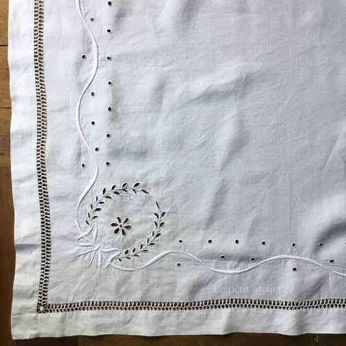 正方形) フランス アンティーク リネン テーブルクロス 白刺繍 カット