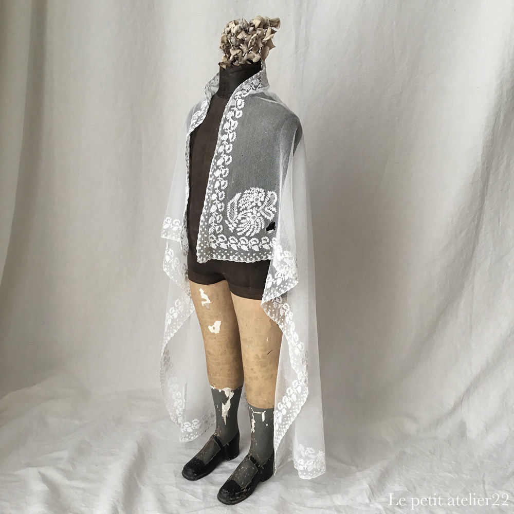 (正方形) フランス  アンティーク ウエディングベール  チュールレース  ホワイト 80 x 80 cm