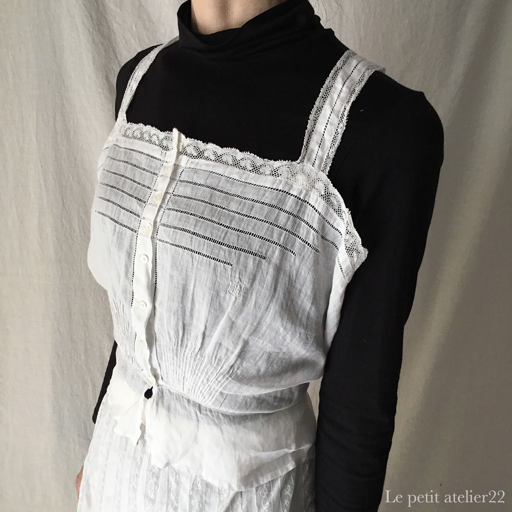 (大人用W60) フランス アンティーク リネン キャミソール モノグラム ピンタック