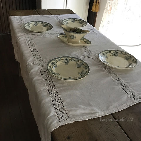 リネン ナップ テーブルクロス フランス アンティーク 刺繍 長方形)(特大)(ナプキン12枚付)フランス アンティーク コットン