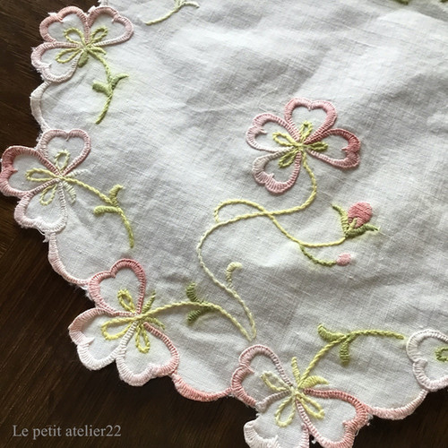 フランス アンティーク リネン ドイリー スカラップ 花刺繍