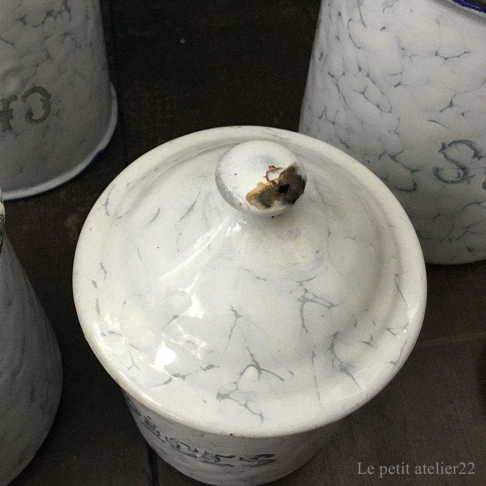 6個セット) フランス アンティーク ホーロー キャニスター 青 マーブル