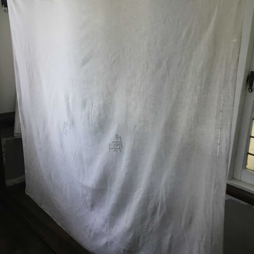 サムネイル： フランス アンティークリネン モノグラム ”EL" テーブルクロス ダマスク織 ドロンワーク 148 x 167