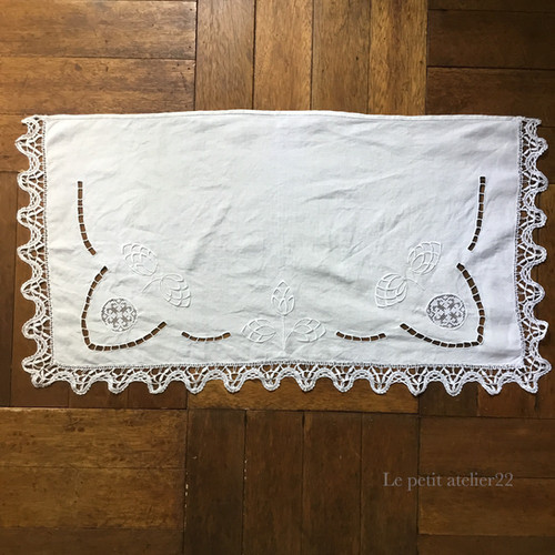 【美品】フランスアンティーク 手刺繍カットワークとフリル カフェカーテン 美品】フランスアンティーク CB手刺繍 ホワイトフリルカフェ