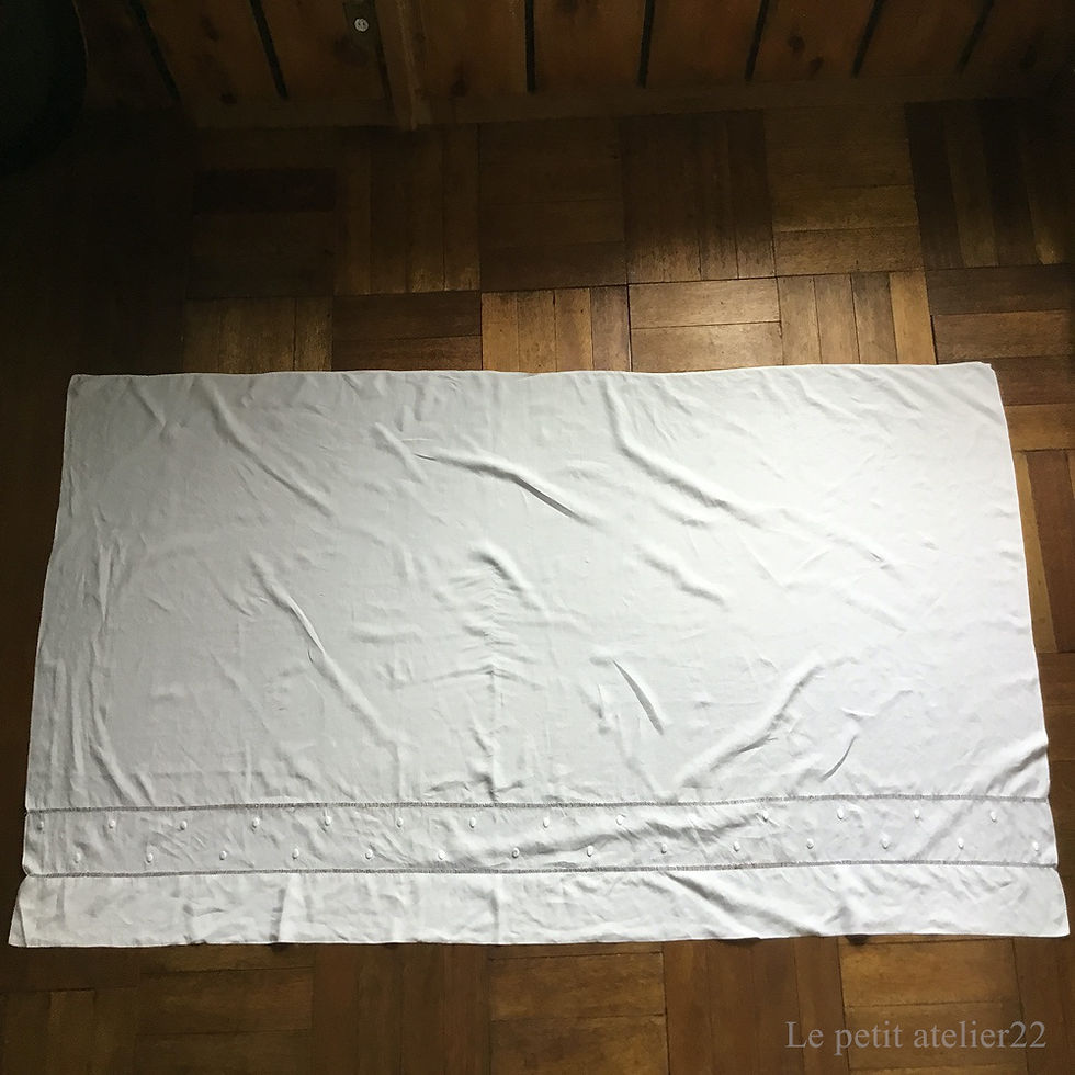 サムネイル： (特大) フランス アンティーク  リネン カーテン/テーブルクロス ドロンワーク  108 x243 cm